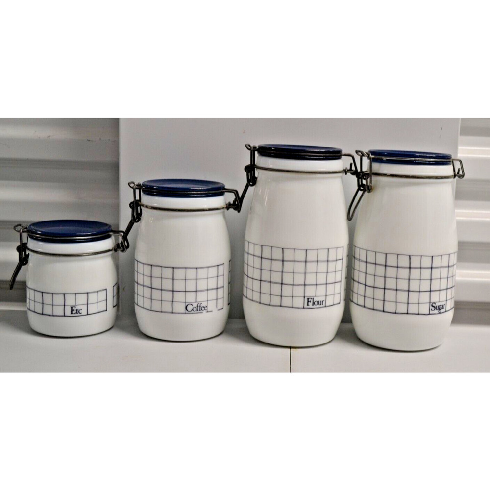 Vtg Wheaton Milk Glass Canister Set MCM Wire and Bail Closure Coffee Sugar Tea